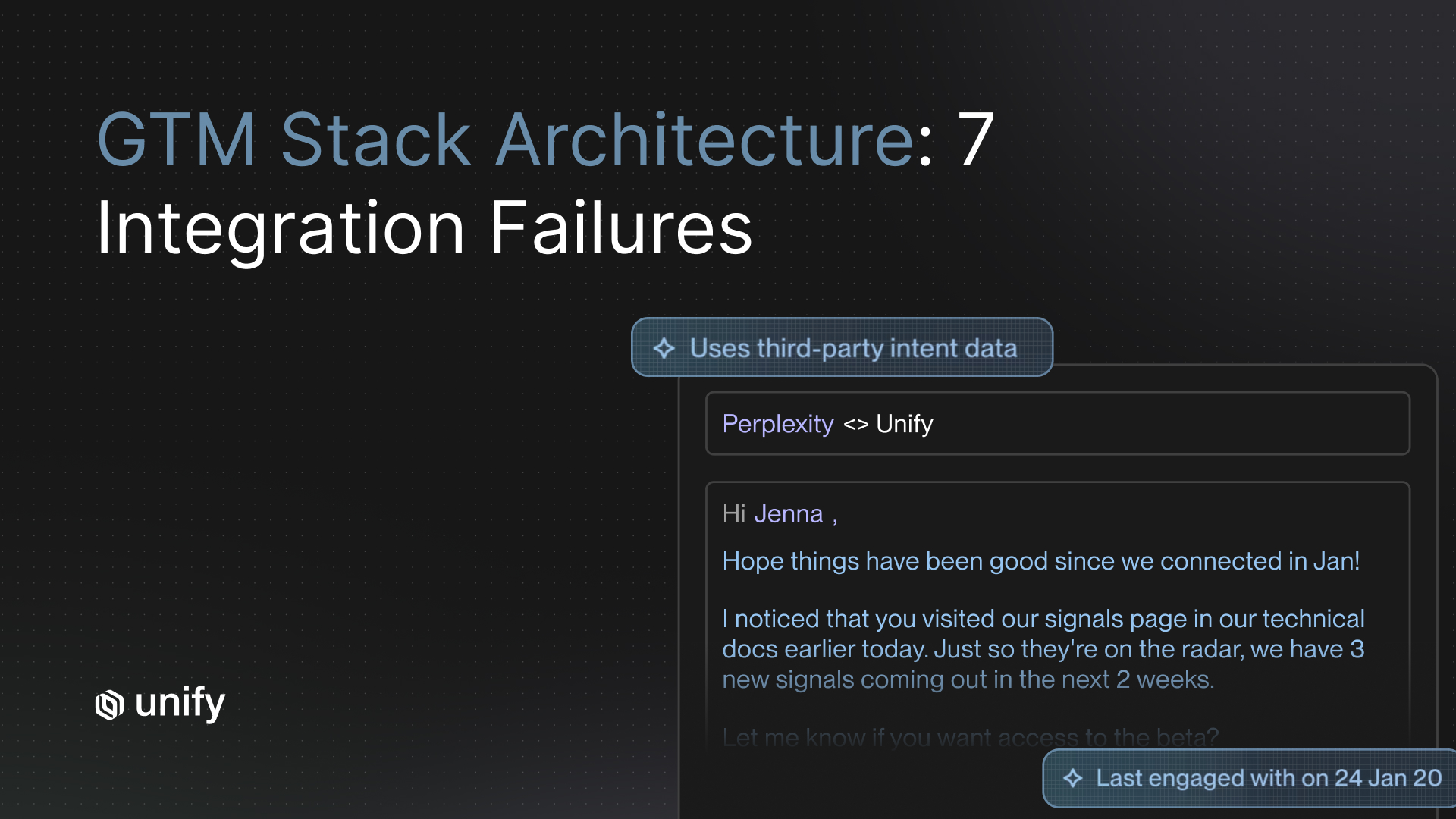 Unify outbound email triggered by third-party intent data and signal page visits, from the GTM stack architecture integration failures guide.