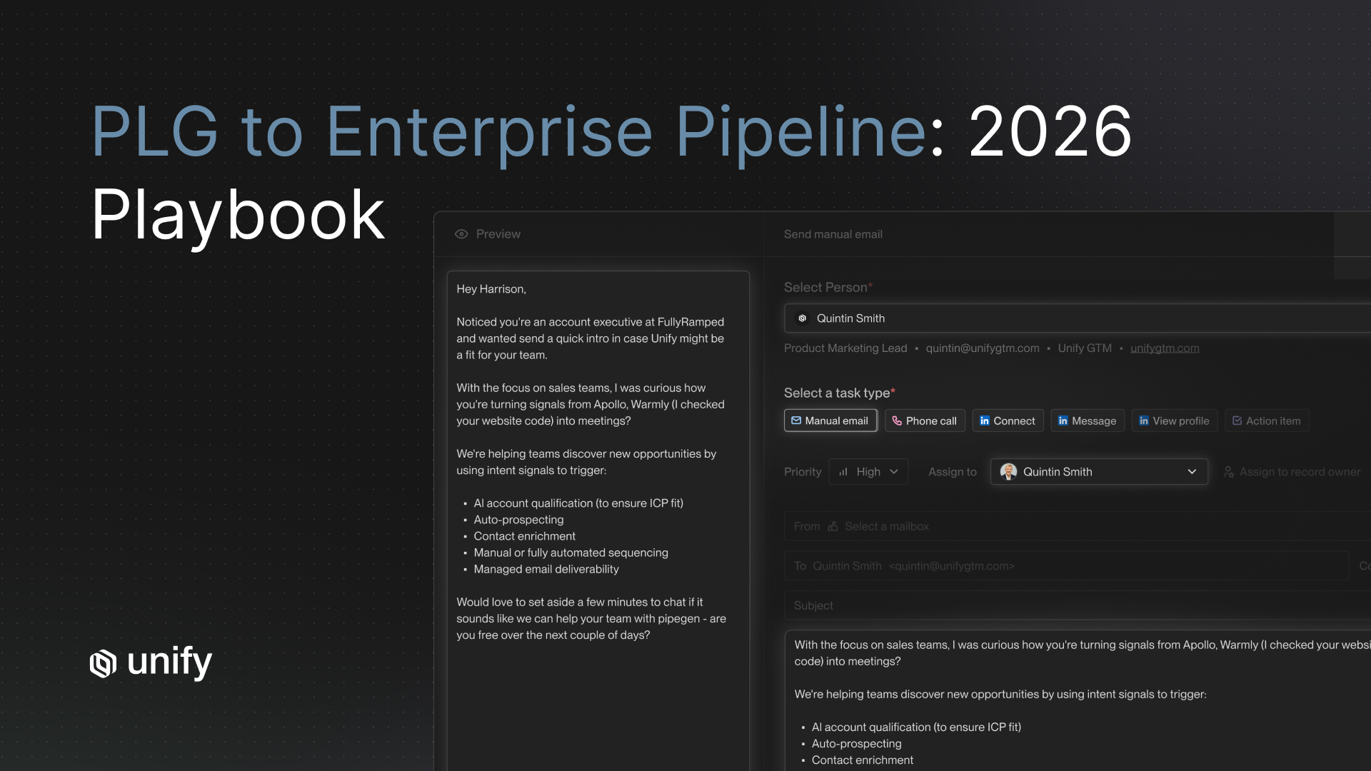 Unify "PLG to Enterprise Pipeline: 2026 Playbook" cover, with a sample outbound email composed in the Unify product UI.