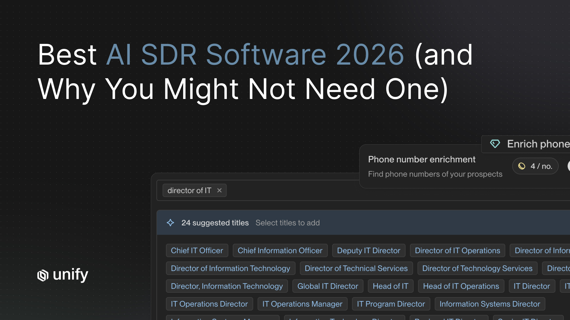 Unify "Best AI SDR Software 2026 (and Why You Might Not Need One)" cover, with prospect targeting screenshots from the product.