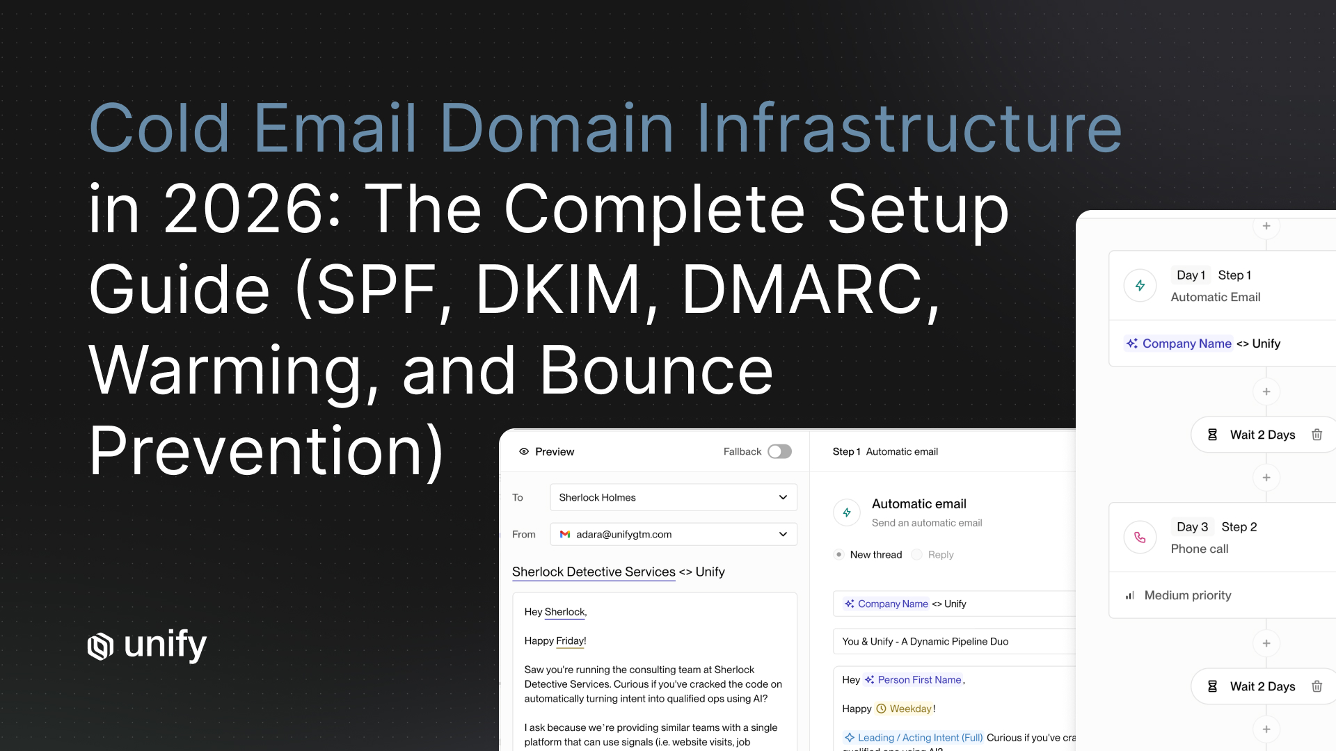 Cold email domain infrastructure setup guide cover showing Unify sequence builder with SPF, DKIM, DMARC, and warming steps