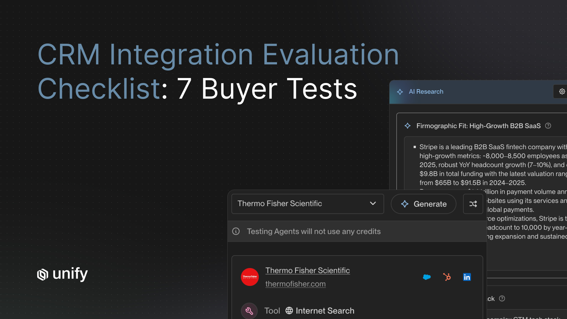 CRM Integration Evaluation Checklist cover showing Unify AI Research panel and account picker for Thermo Fisher Scientific