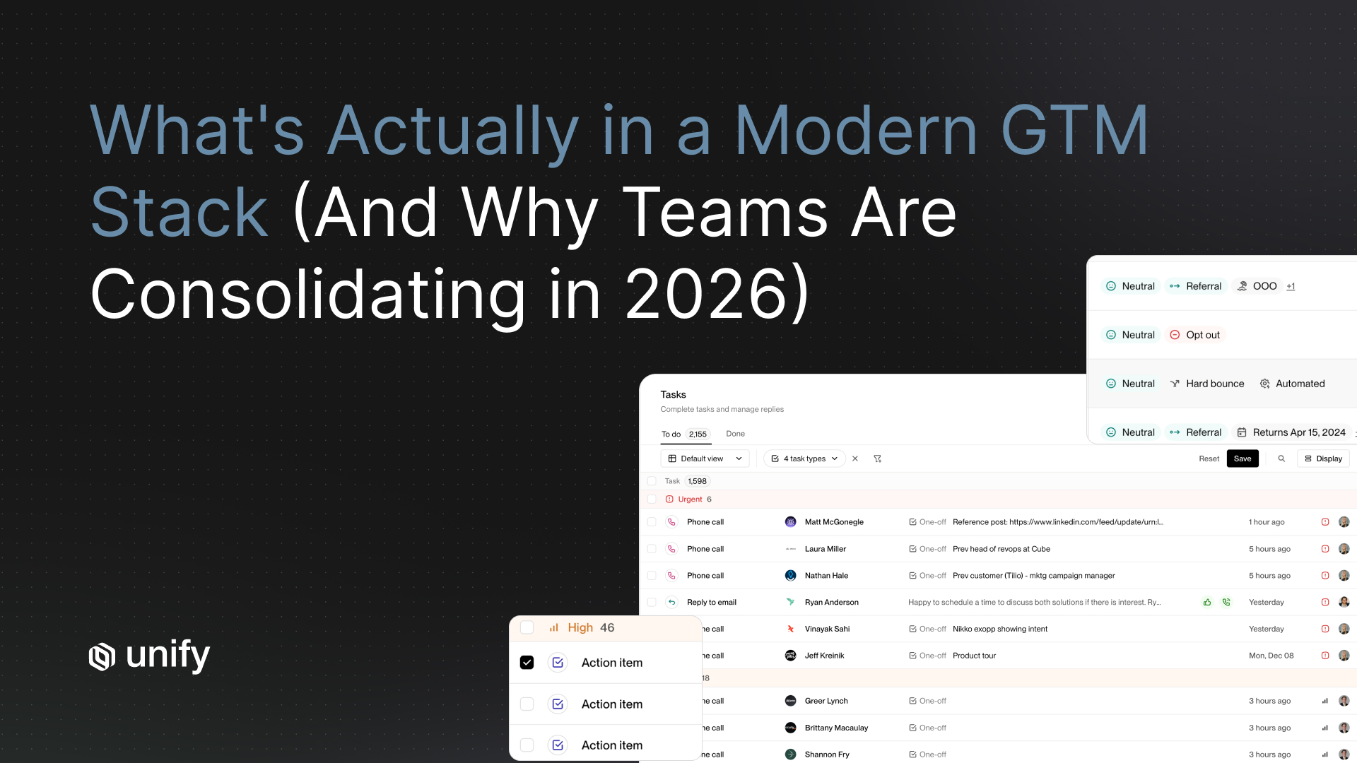 Modern GTM stack consolidation guide cover showing Unify Tasks queue with reply classifications and prioritized action items