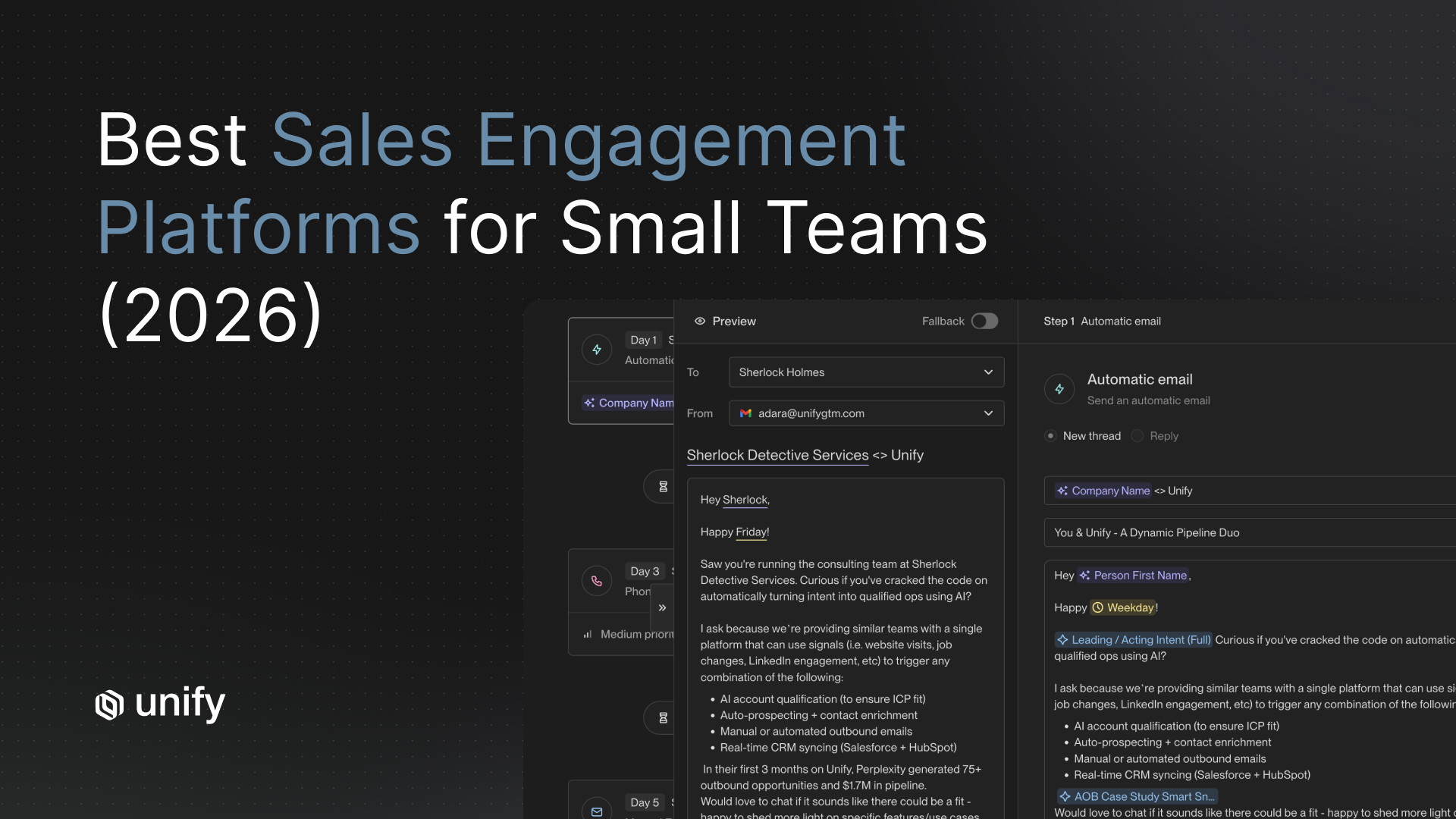 Unify article cover: "Best Sales Engagement Platforms for Small Teams (2026)" with sequence builder and personalized email preview UI.