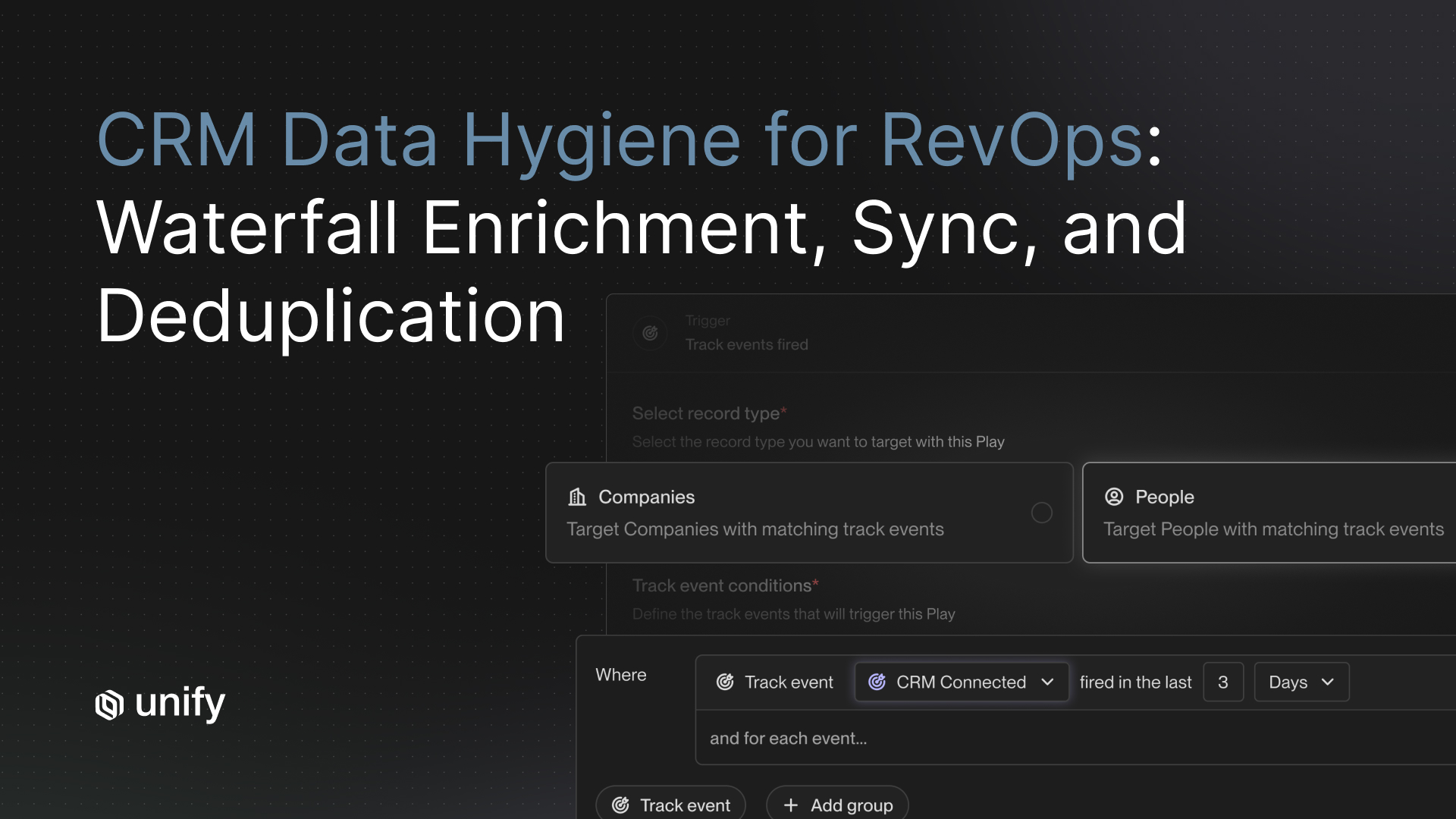 Unify article cover: "CRM Data Hygiene for RevOps: Waterfall Enrichment, Sync, and Deduplication" with Play trigger config showing record type selection and CRM Connected event conditions.