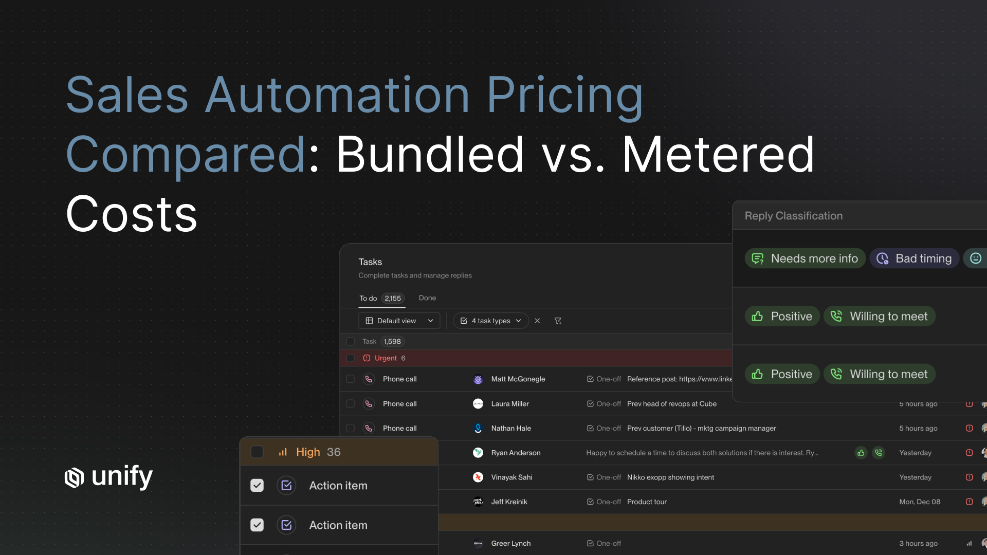Unify article cover: "Sales Automation Pricing Compared: Bundled vs. Metered Costs" with task management UI and reply classification labels.