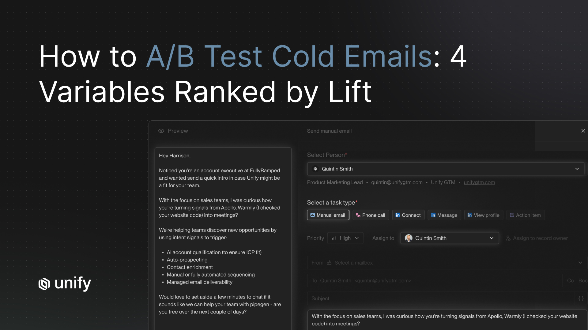 Unify manual email composer with personalized cold outreach to FullyRamped account executive showing signal-triggered intent variables for A/B testing