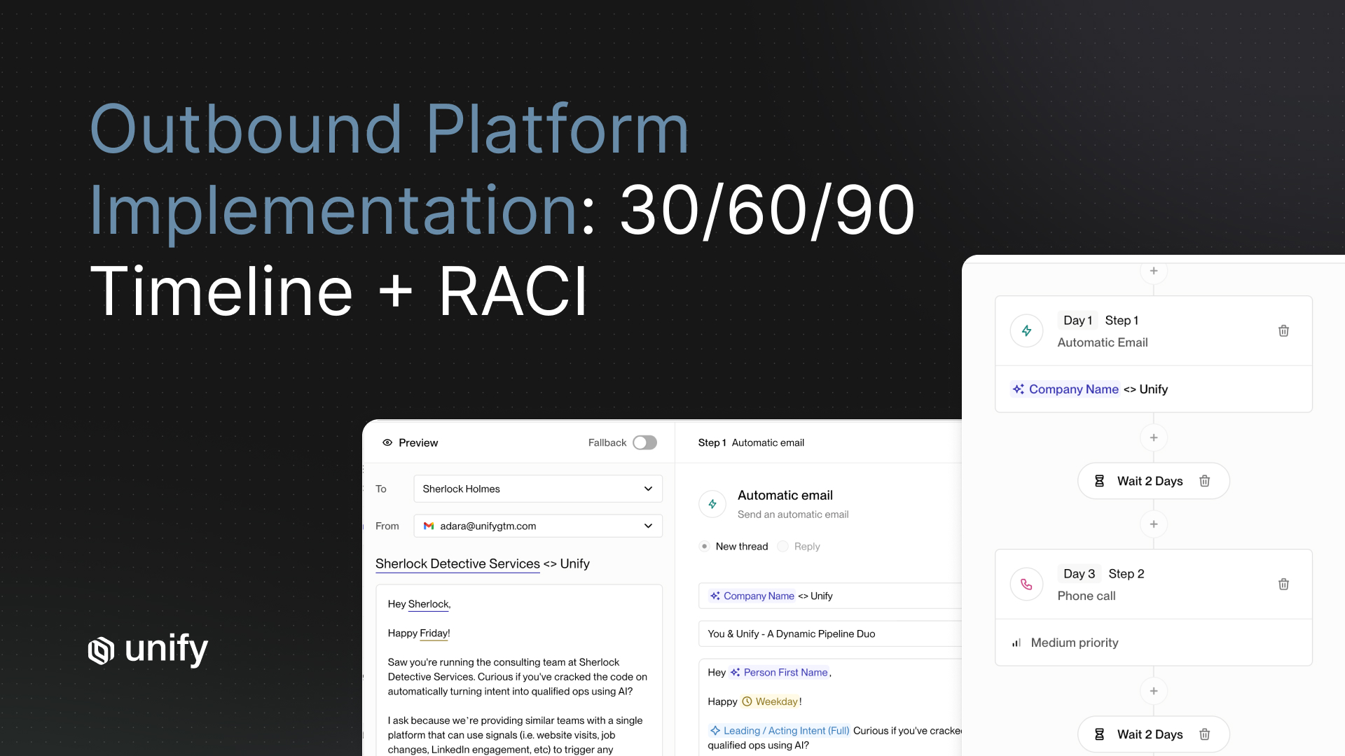 Unify outbound platform implementation guide showing 30/60/90 day timeline and RACI matrix for rolling out Plays, sequences, and automated outbound workflows.