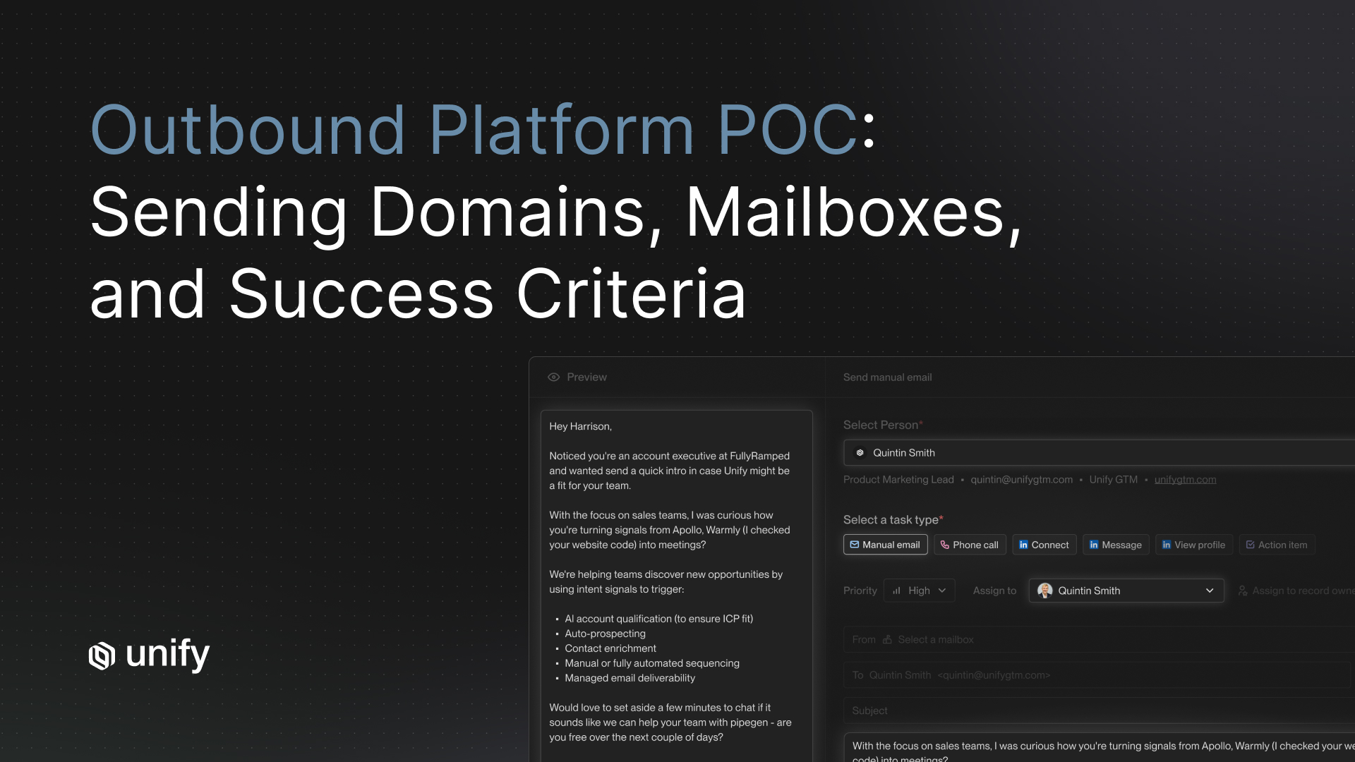 Unify outbound platform POC guide covering sending domains, mailbox provisioning, and success criteria, with a sequence preview showing AI-personalized email copy and task assignment to a Unify rep.