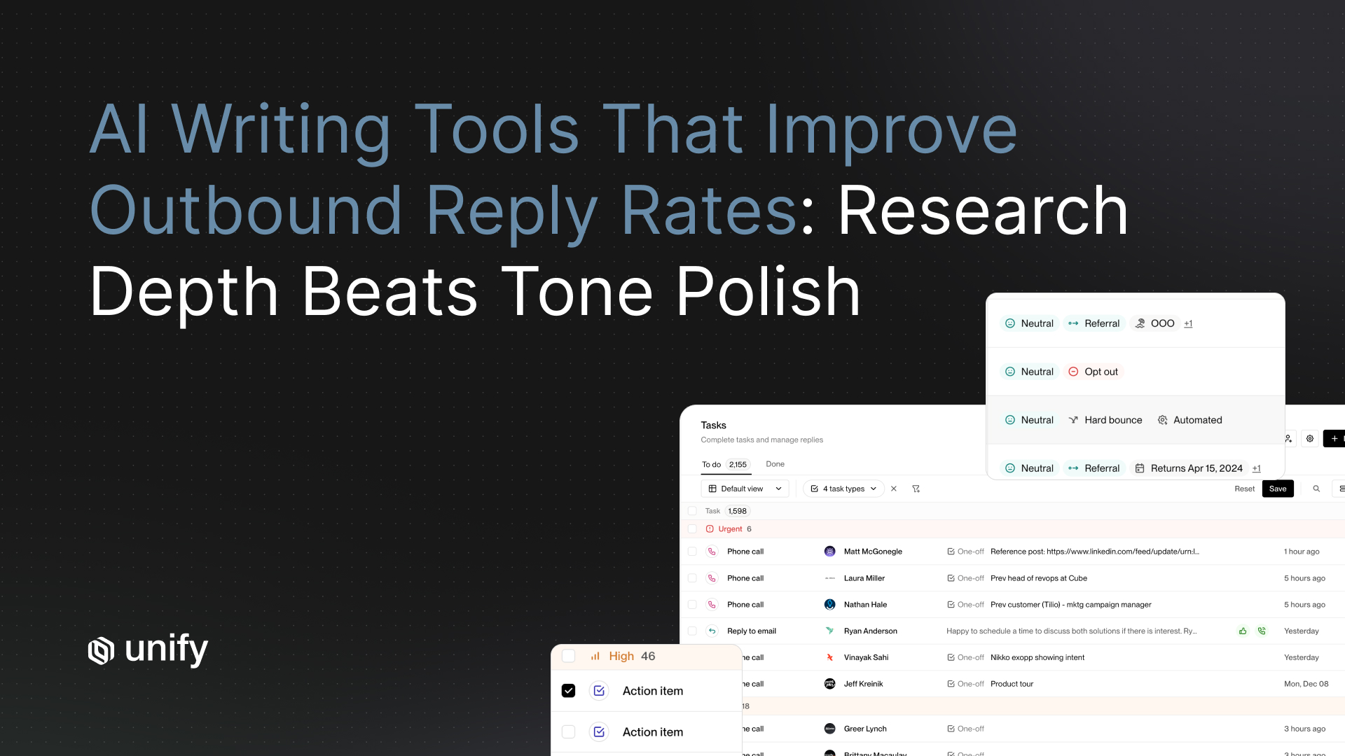 Unify comparison of AI writing tools for outbound reply rates, showing the Tasks dashboard with AI reply classification (neutral, referral, opt out, hard bounce) and rep task management across phone calls and email replies.
