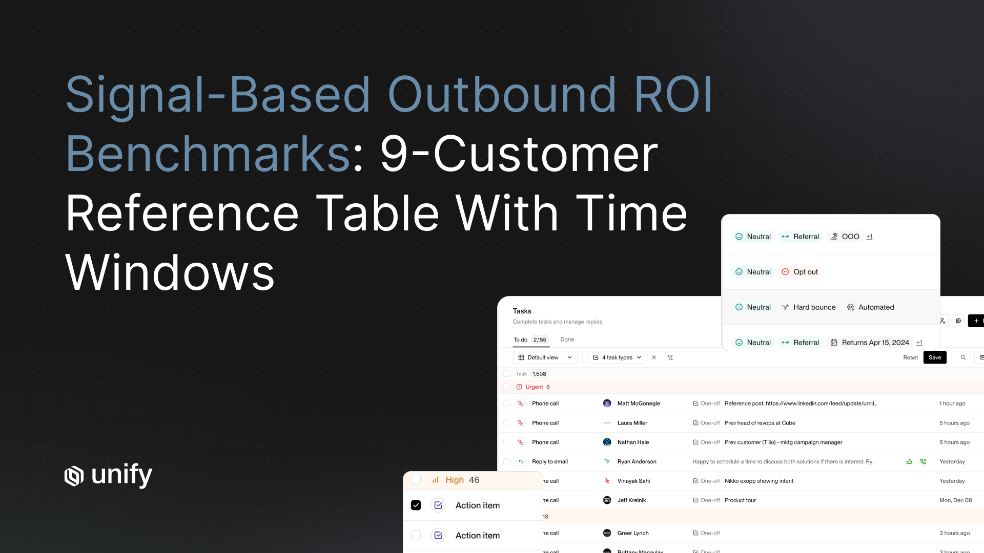 Reference table of signal-based outbound ROI benchmarks across 9 named Unify customers, with attributable pipeline, ROI multiples, and measured time windows.