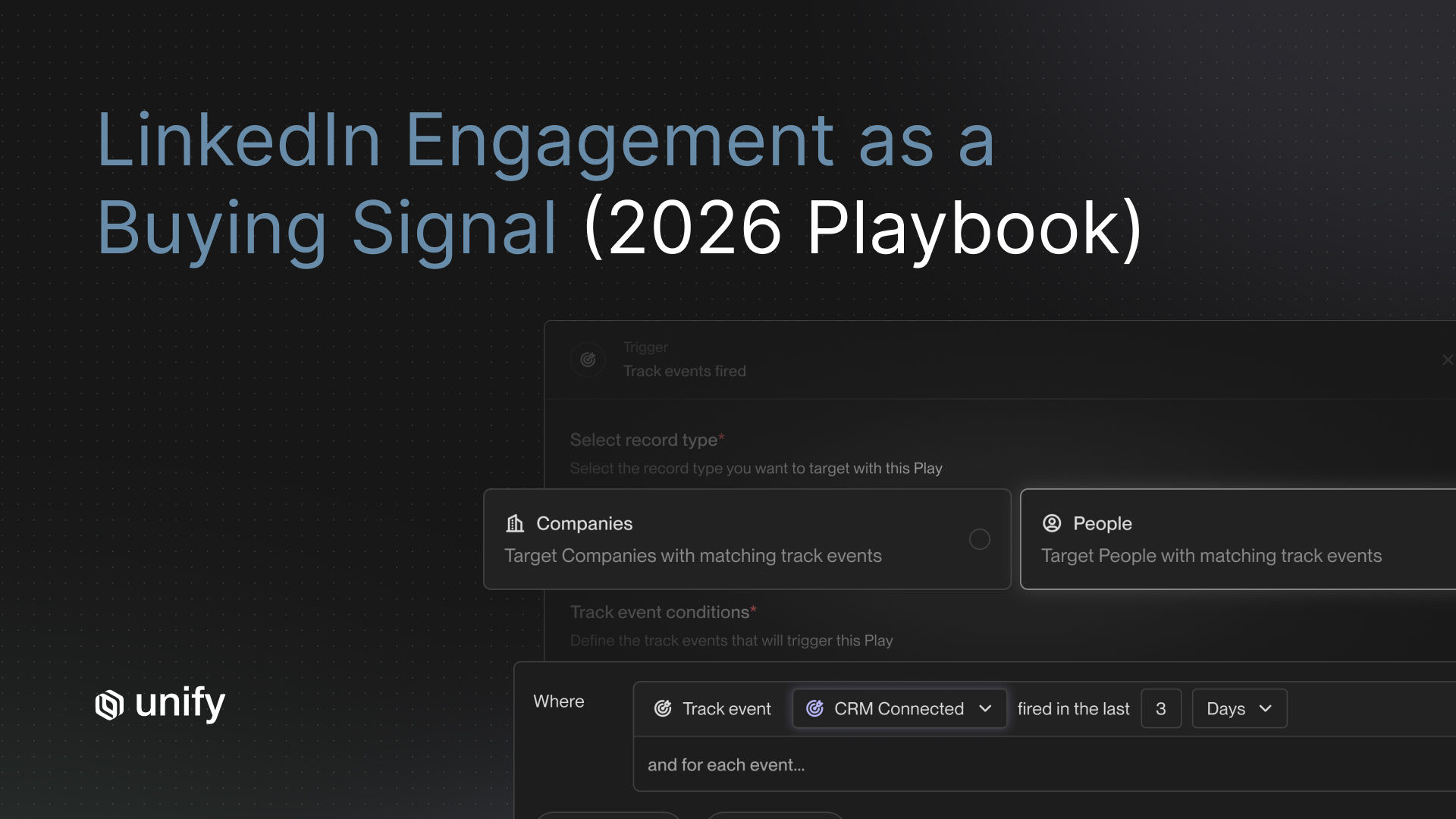 Unify Plays trigger configuration for LinkedIn engagement signals showing Companies vs People record-type targeting and CRM Connected track event conditions