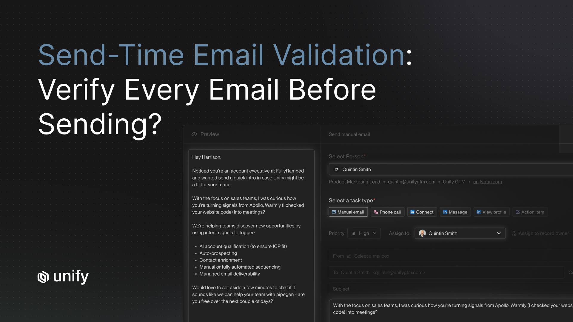 Unify send-time email validation hero image showing a personalized cold outreach email preview alongside the Unify manual email task interface, with the headline Send-Time Email Validation: Verify Every Email Before Sending