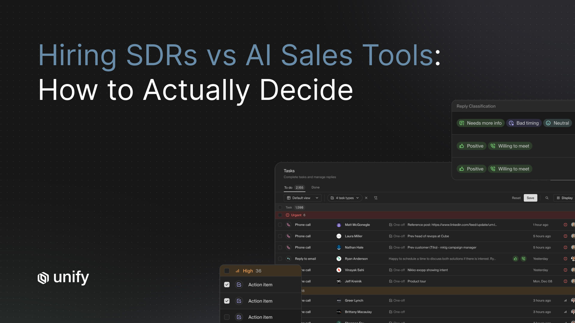 Hiring SDRs vs AI sales tools, how to decide: Unify's task inbox with AI reply classification (Positive, Willing to meet).