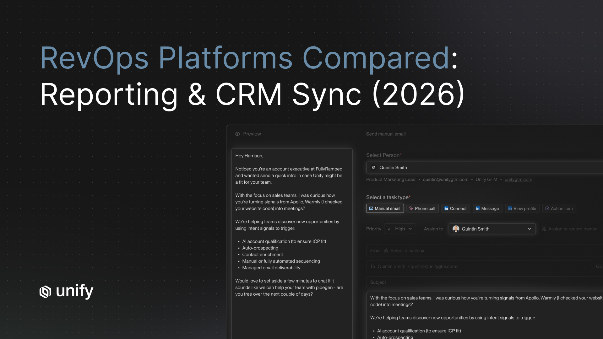 Unify "RevOps Platforms Compared: Reporting & CRM Sync (2026)" header showing the manual email composer with a signal-based intro draft