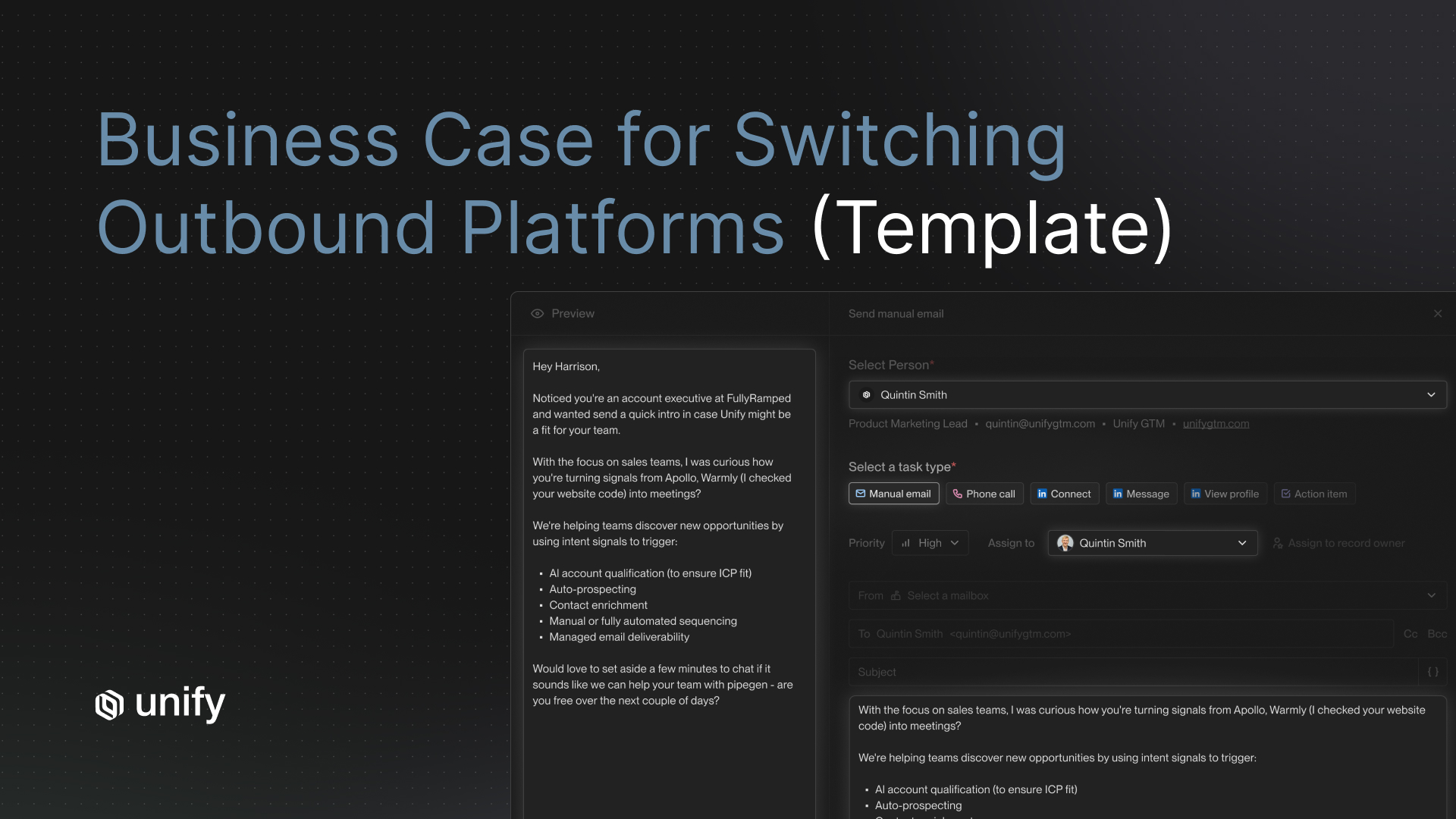 Unify "Business Case for Switching Outbound Platforms (Template)" header showing the manual email composer with a signal-based intro draft