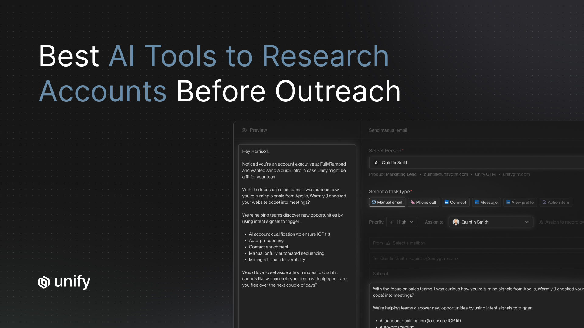 Unify "Best AI Tools to Research Accounts Before Outreach" hero — AI-drafted intent-signal outreach email in Unify's UI.