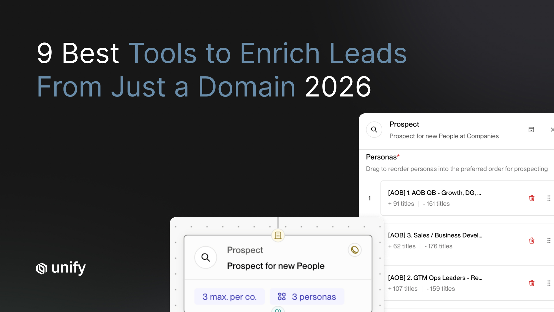 Unify "9 Best Tools to Enrich Leads From Just a Domain 2026" hero — Prospect step with persona ordering and per-company title filters
