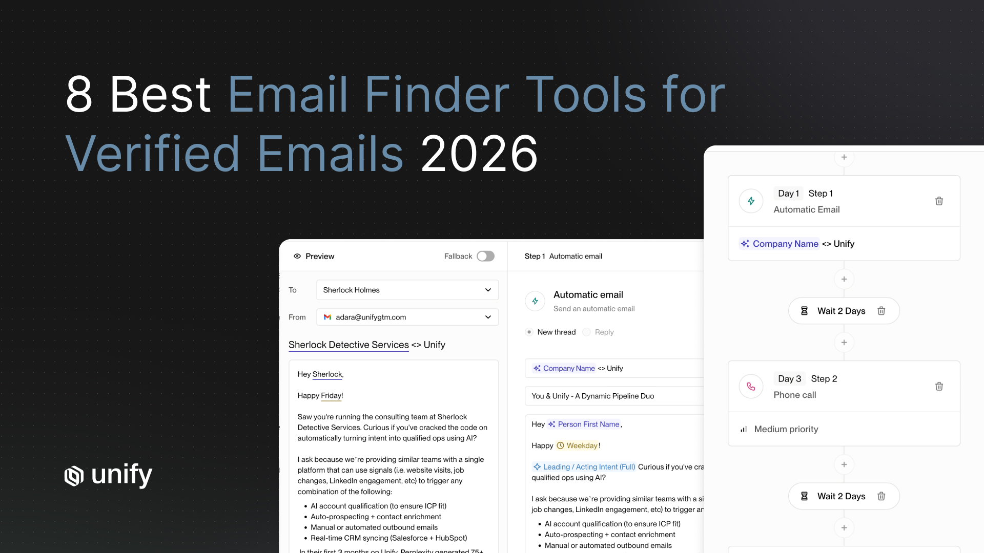 Unify "8 Best Email Finder Tools for Verified Emails 2026" hero — sequence builder with a personalized email preview and email-plus-call cadence