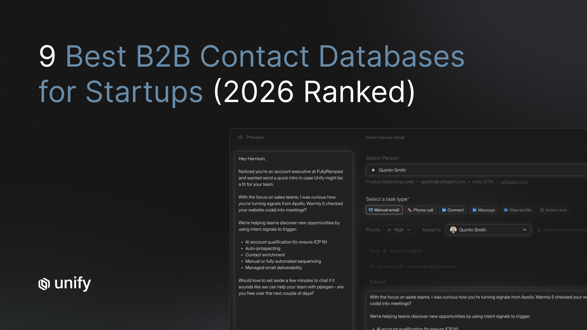 Screenshot of Unify's outbound workflow UI alongside the headline "9 Best B2B Contact Databases for Startups (2026 Ranked)