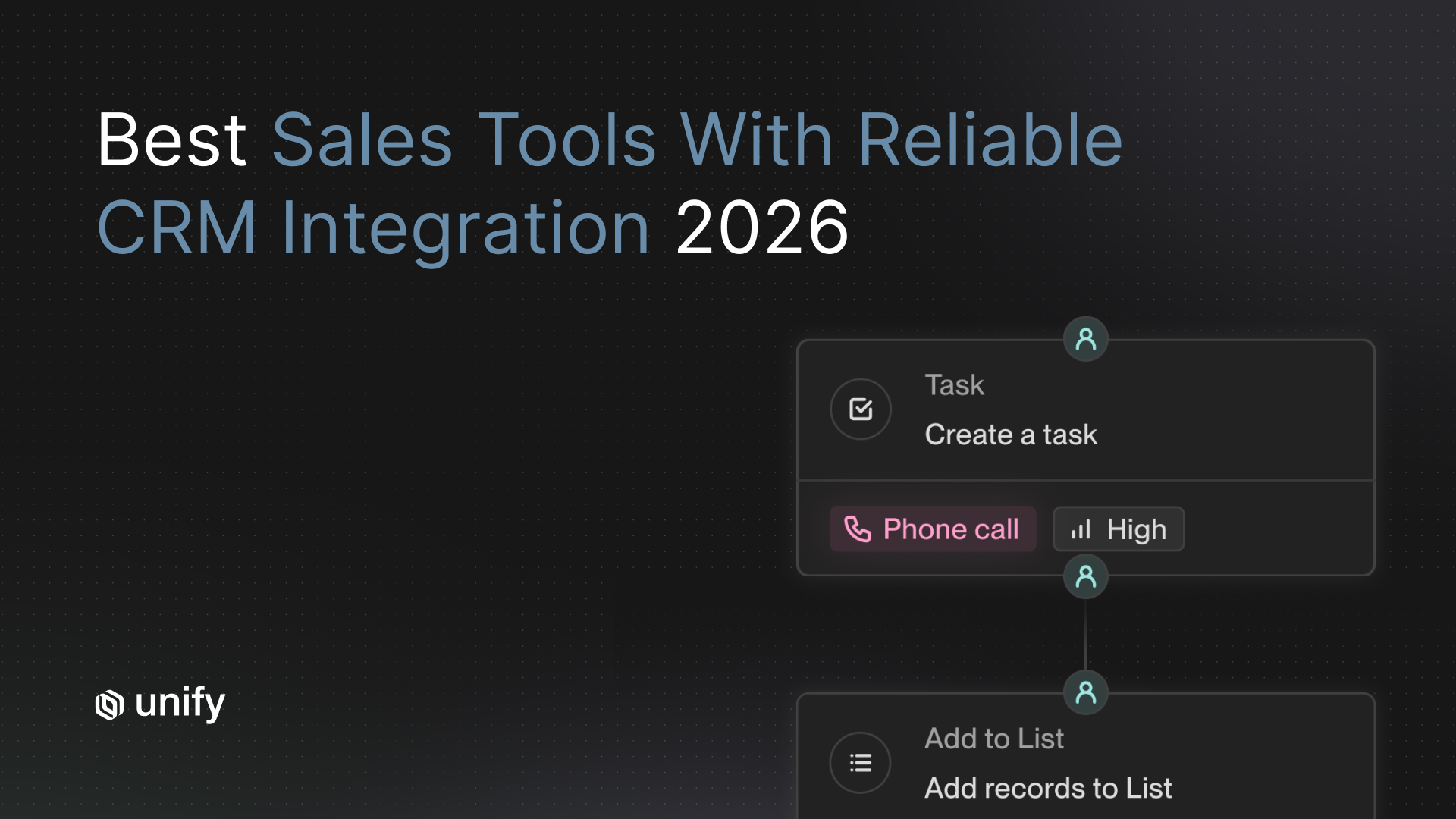 Unify workflow UI showing task creation and list enrollment steps, alongside the headline "Best Sales Tools With Reliable CRM Integration 2026