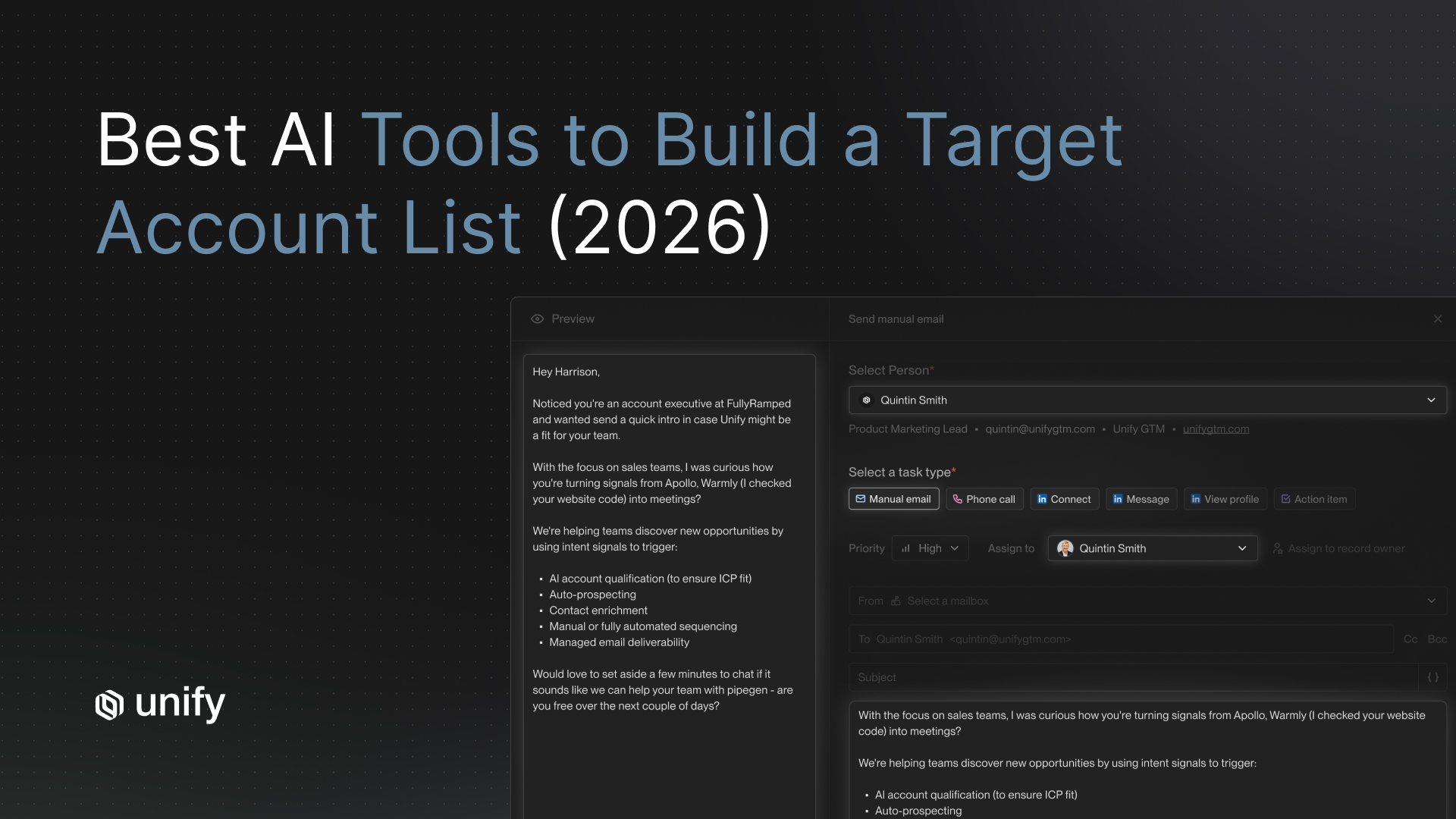 Unify blog header: Best AI Tools to Build a Target Account List (2026), showing Unify's manual-email task composer and preview.