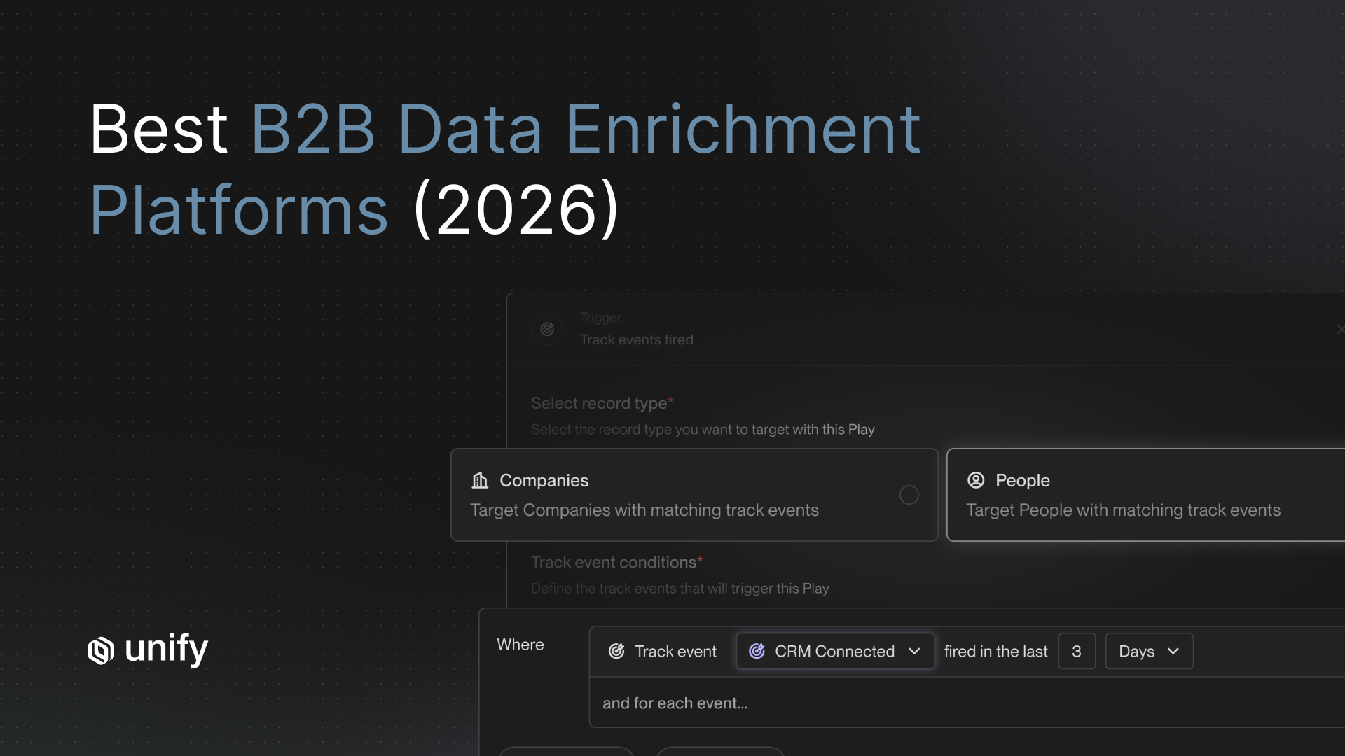 Best B2B Data Enrichment Platforms 2026 — Unify Play builder triggering on a CRM Connected track event.