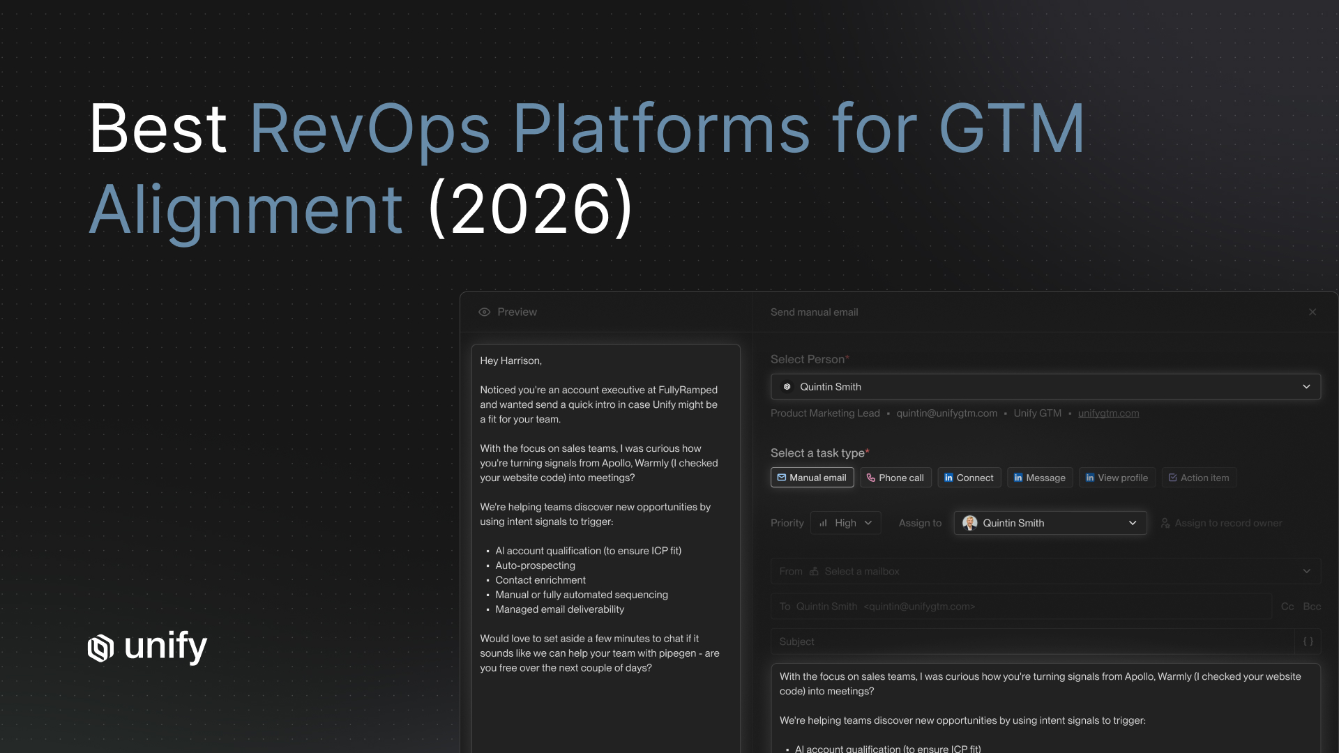 Unify "Best RevOps Platforms for GTM Alignment (2026)" header with the manual email composer drafting a signal-based intro