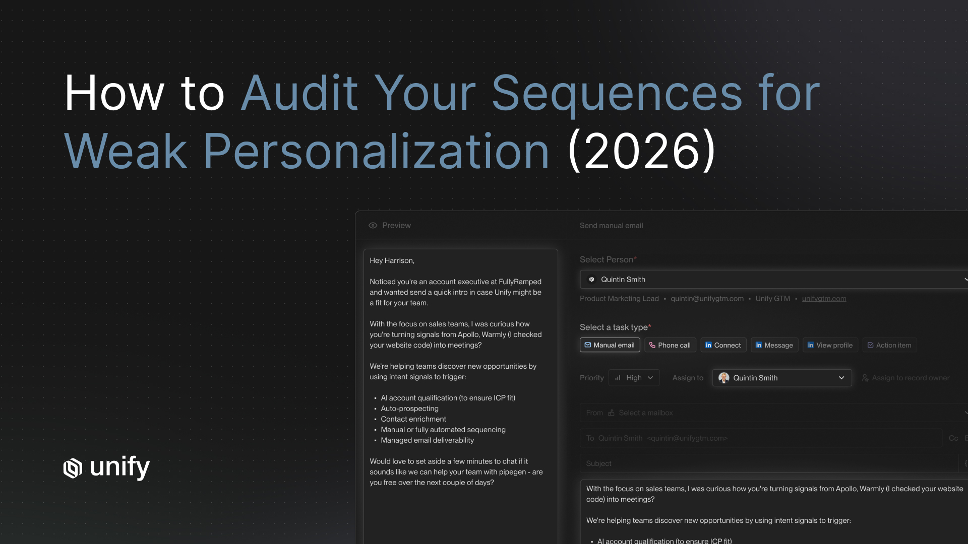 Unify blog header reading "How to Audit Your Sequences for Weak Personalization (2026)" beside a Unify sequence builder UI showing a personalized cold email preview and manual email task setup.