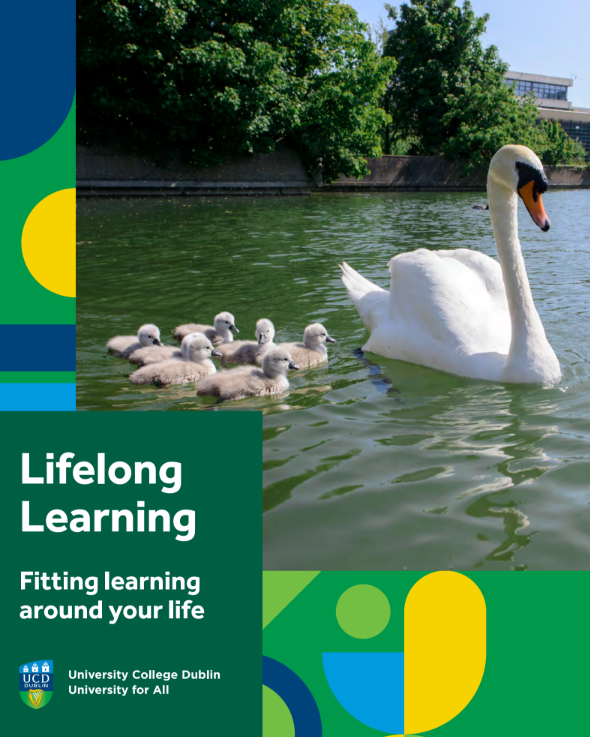 UCDs brochure cover for their courses. It's a photo of a swan with 7 cygnets swimming on the lake at UCD. The text says 'Lifelong Learning' Fitting learning around your life. University College Dublin University for all'.