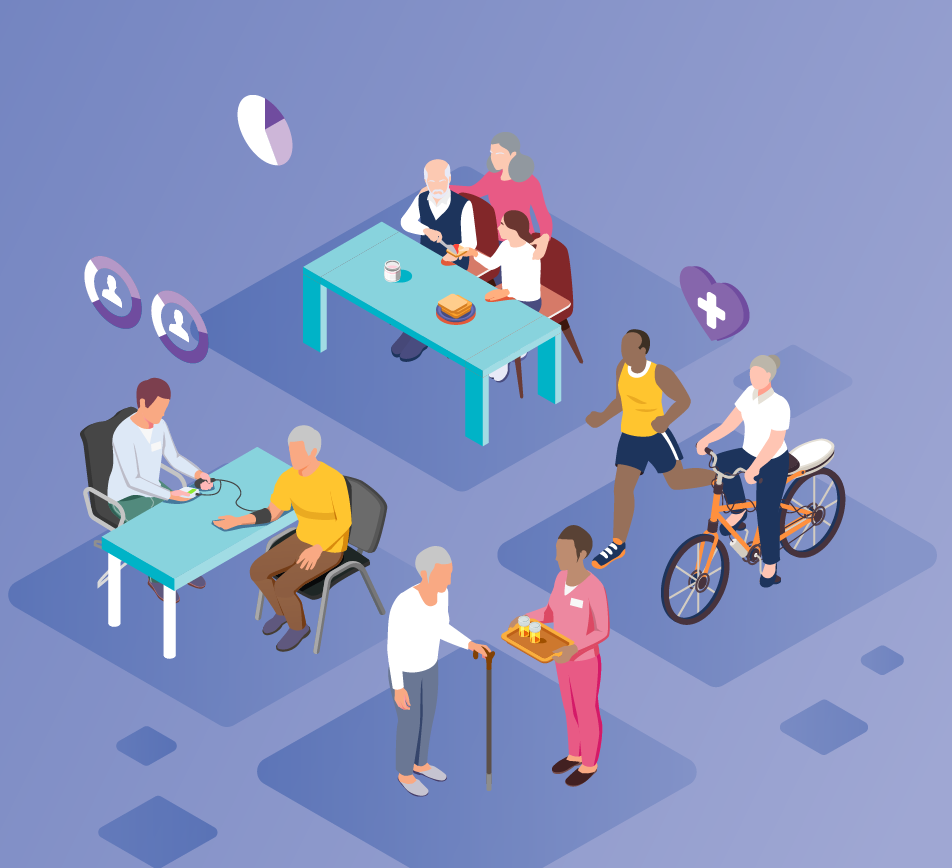 The image is a graphic of older persons preforming various activities, such as eating, exercising, having blood pressure checked and being given medication.