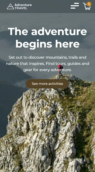 Rocky mountain peak with a person holding a red flag standing on top, overlaid with Adventure Travel logo and text inviting discovery of mountains, trails, and nature.