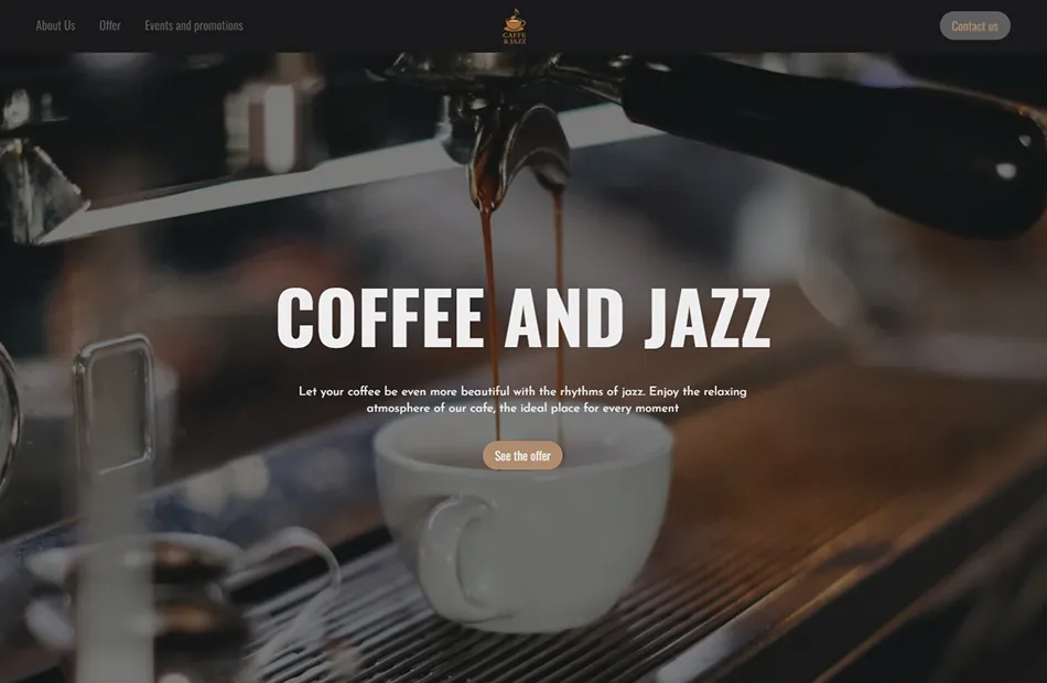 Close-up of espresso machine brewing coffee into a white cup with overlay text 'Coffee and Jazz' promoting a cafe's relaxing atmosphere.