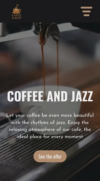 Close-up of coffee pouring into a white cup with text promoting a café offering coffee and jazz, featuring a button labeled 'See the offer'.