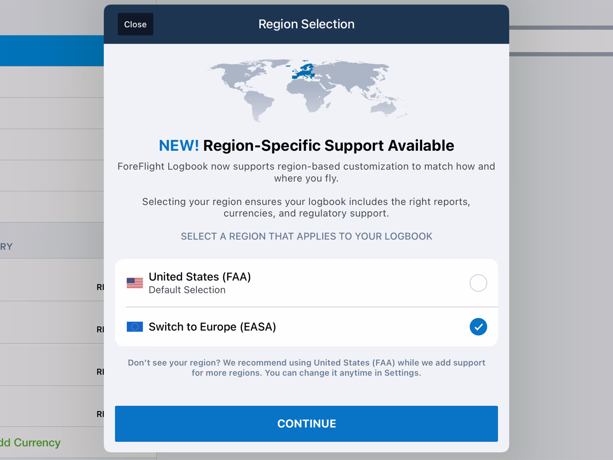 Option to select between the United States (FAA) and the European (EASA) region in Logbook
