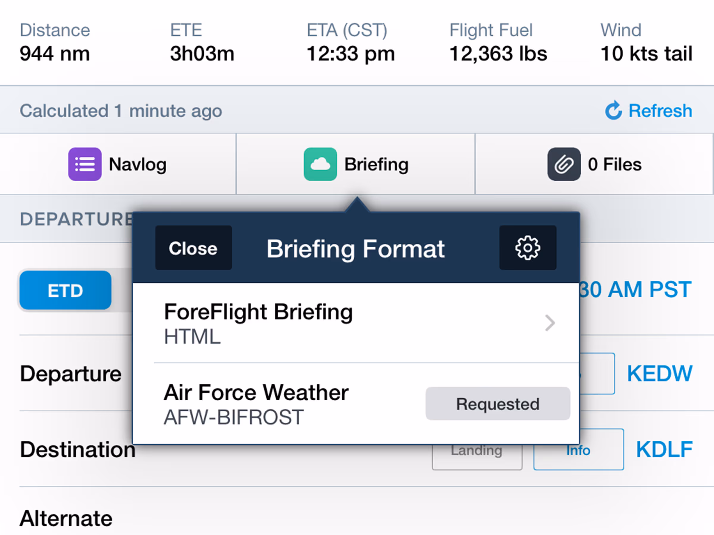 The Briefing Format tab displays two options: ForeFlight Briefing and Air Force Weather.