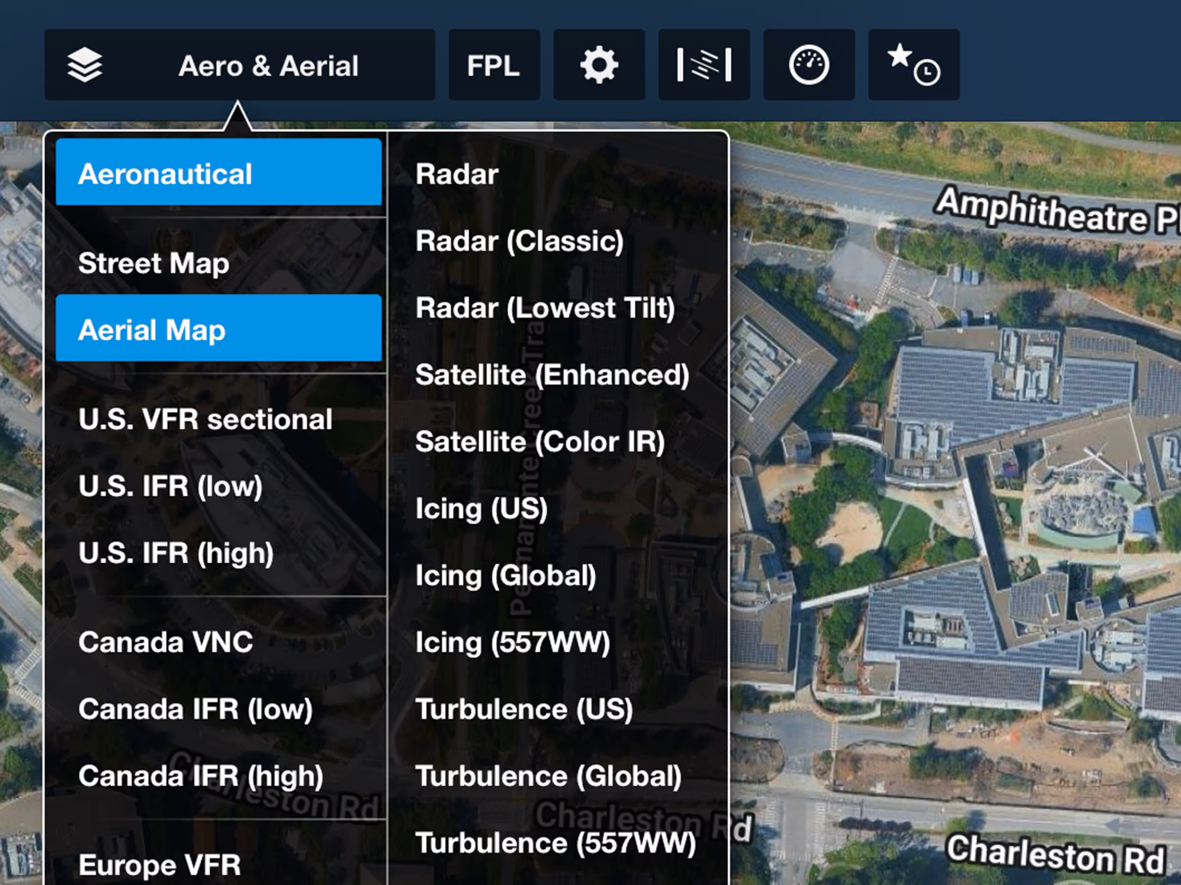 The Aeronautical and Aerial Map layers are selected.