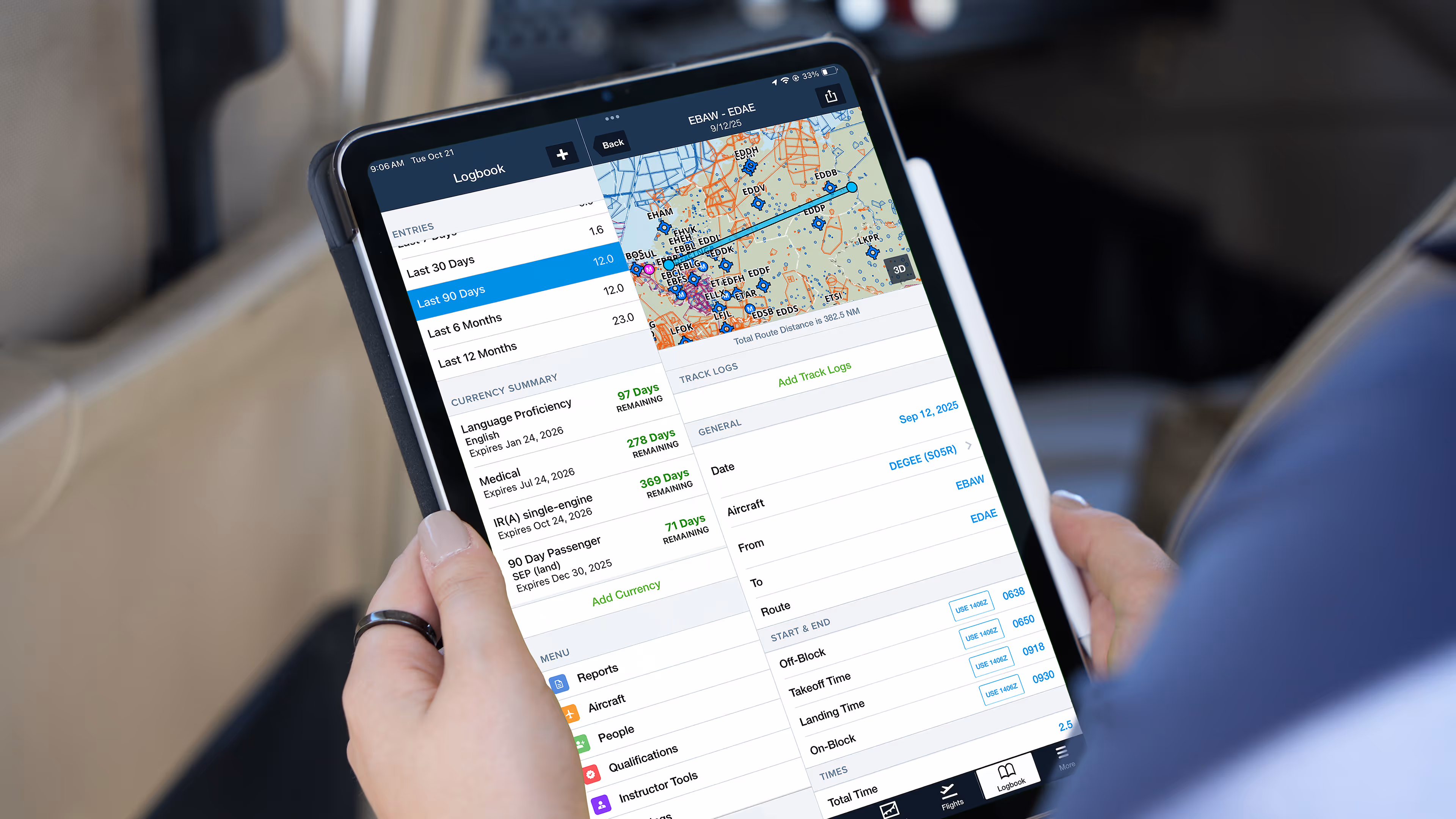 Pilot viewing European Logbook Support in ForeFlight Logbook