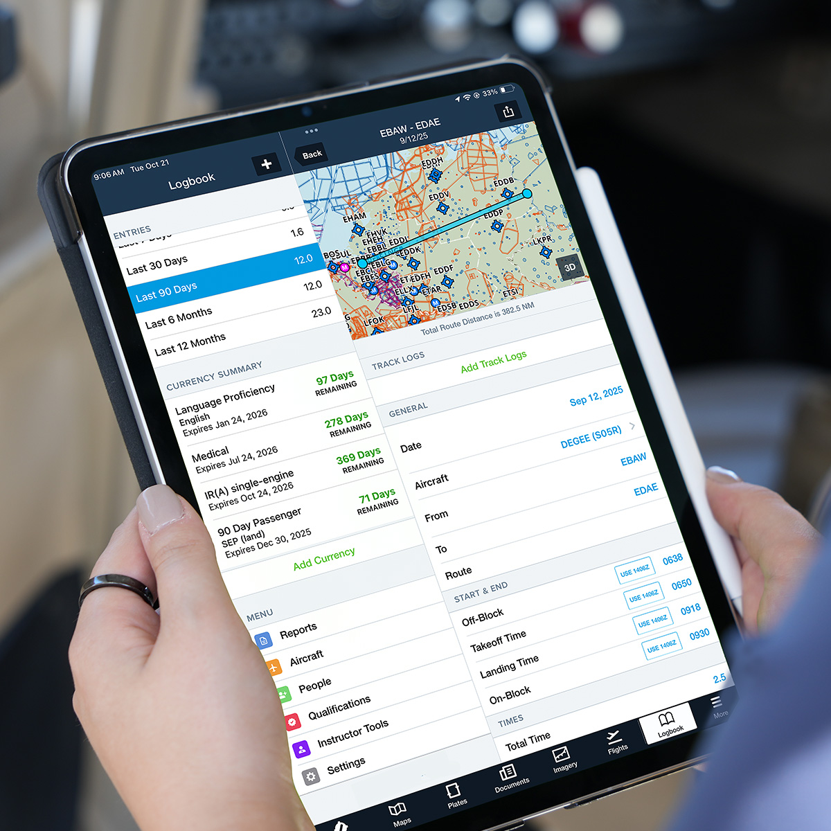 Pilot viewing European Logbook Support in ForeFlight Logbook