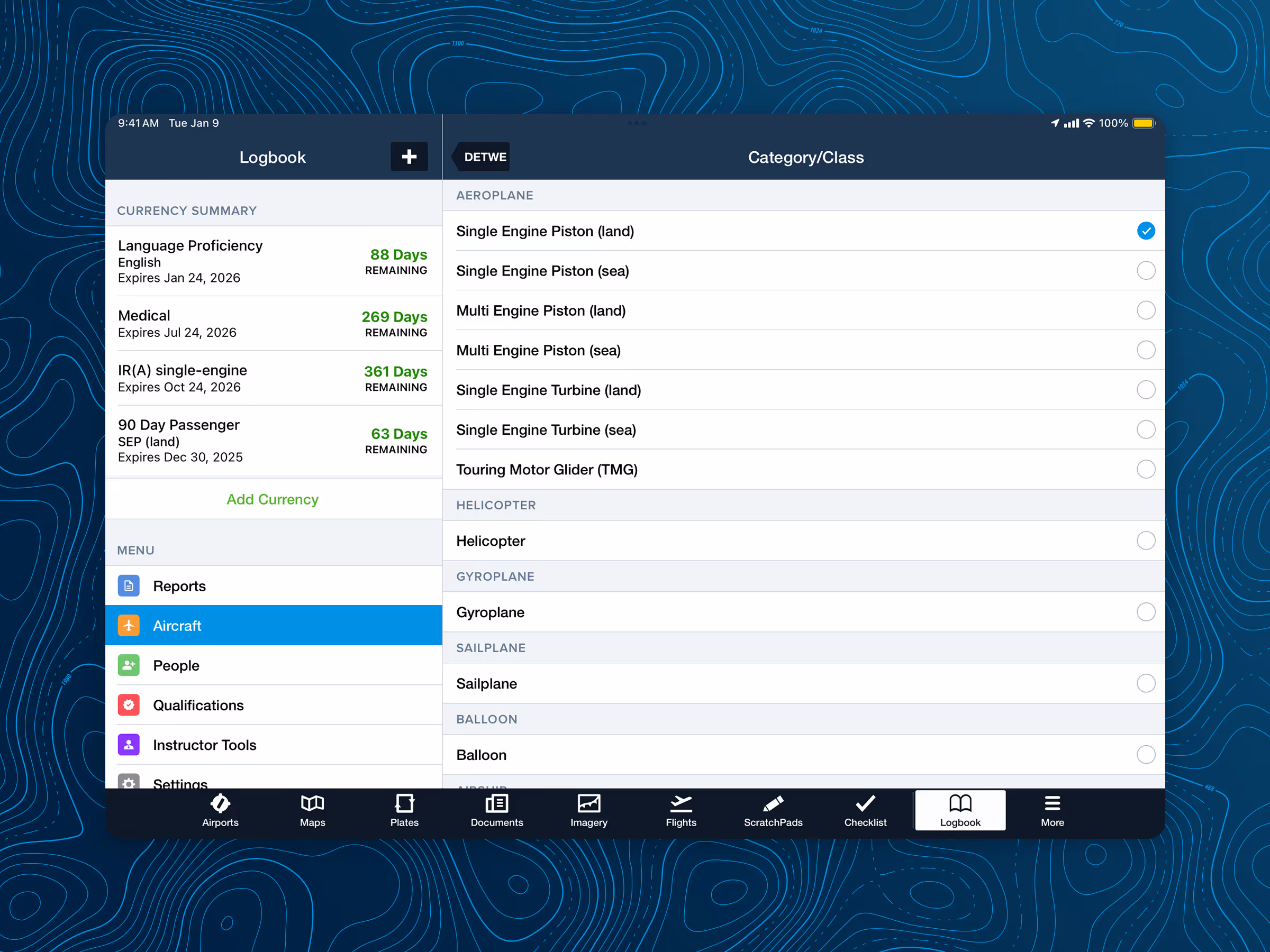 Aircraft tab is open, featuring different selections for Category/Class