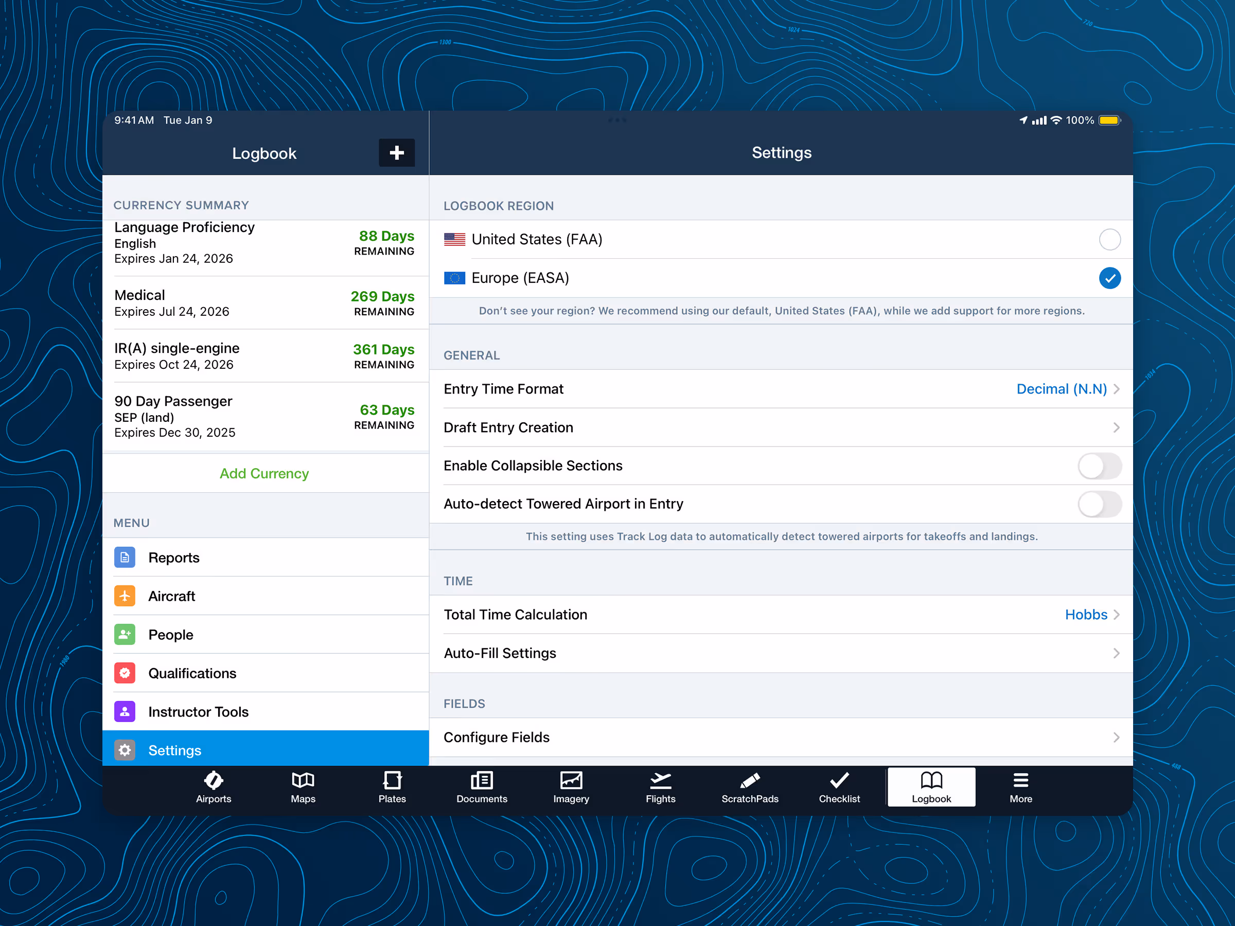 Option to select between the United States (FAA) and the Europe (EASA) region in Logbook