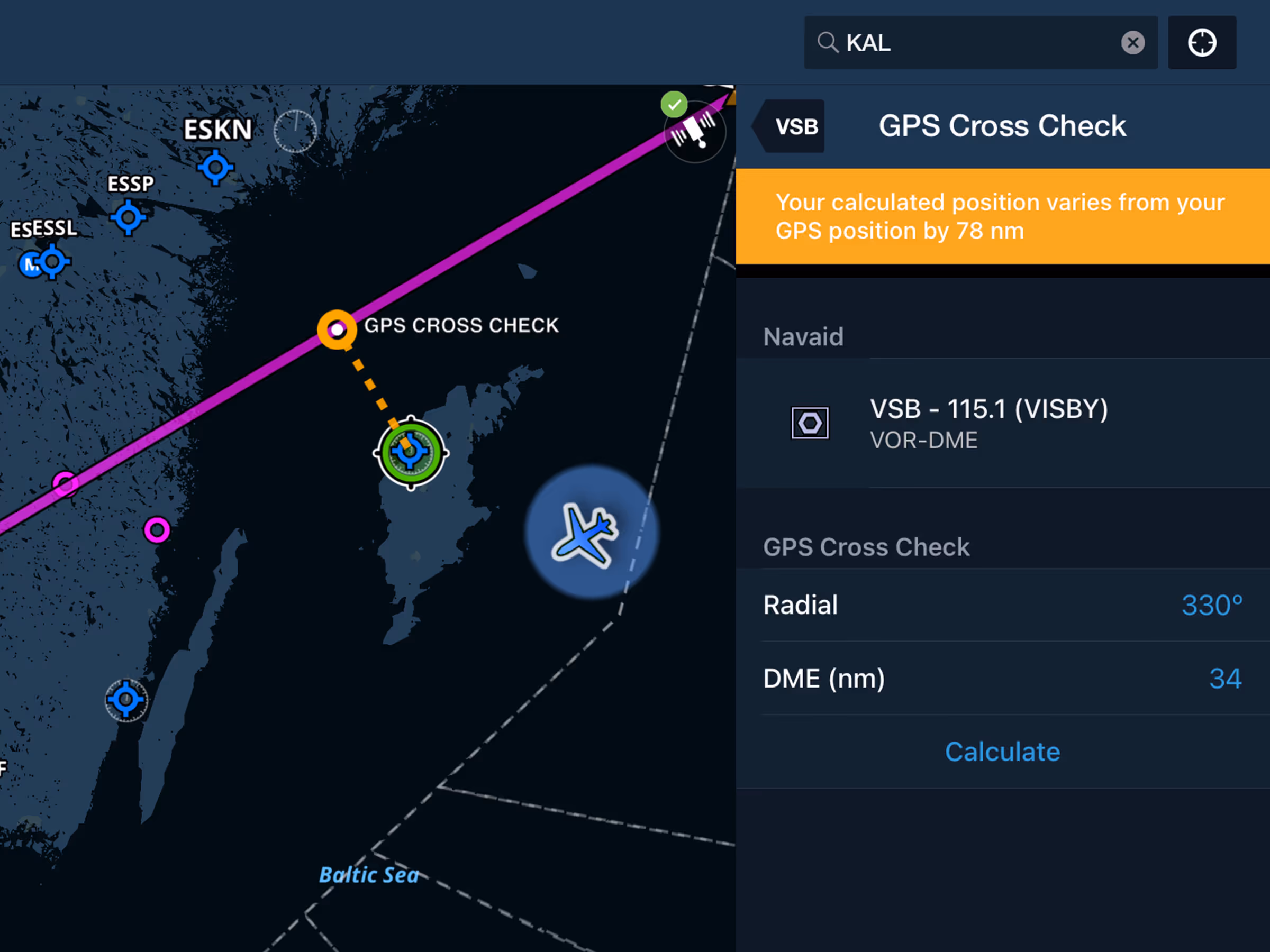 A GPS-derived position is compared with one calculated from nearby VOR/DME navaids.
