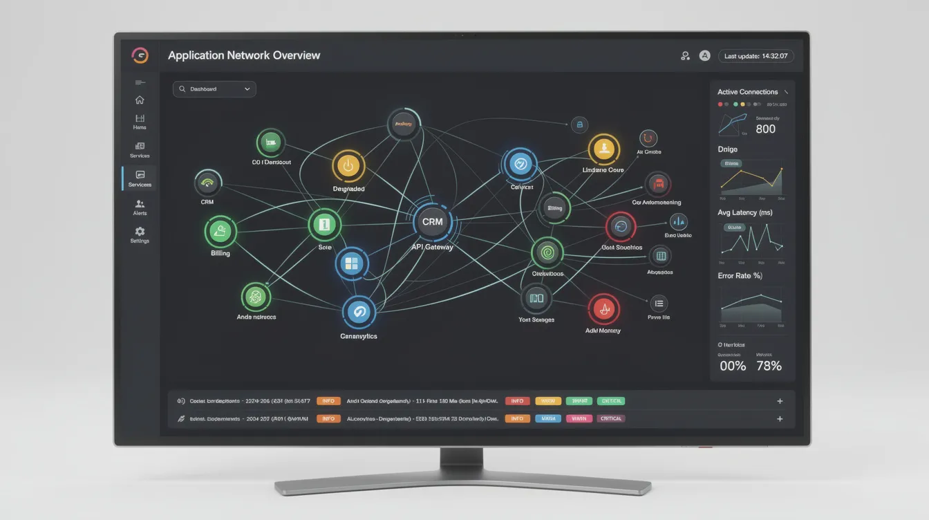 The image depicts a dashboard showcasing a connected application network with real-time status indicators, highlighting user accounts and access management features. It emphasizes secure access to multiple cloud-based applications while managing user identities and provisioning through a single sign-on (SSO) system.