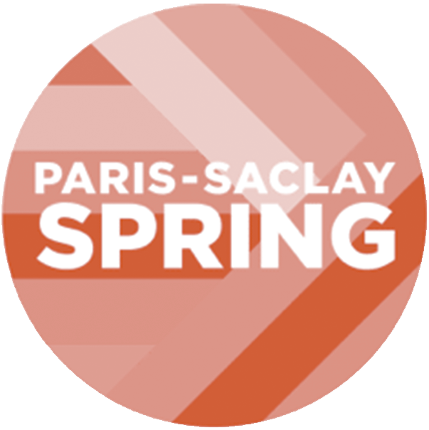 Paris-Saclay Spring Logo mit geometrischen Formen in Rosatönen.