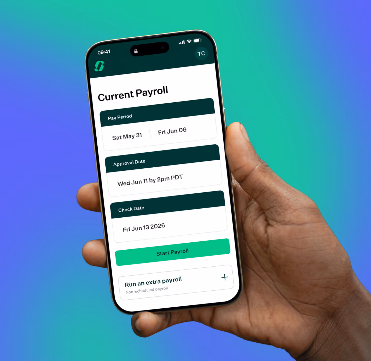 Hand holding phone showing current payroll with pay period, approval date, and check date details.