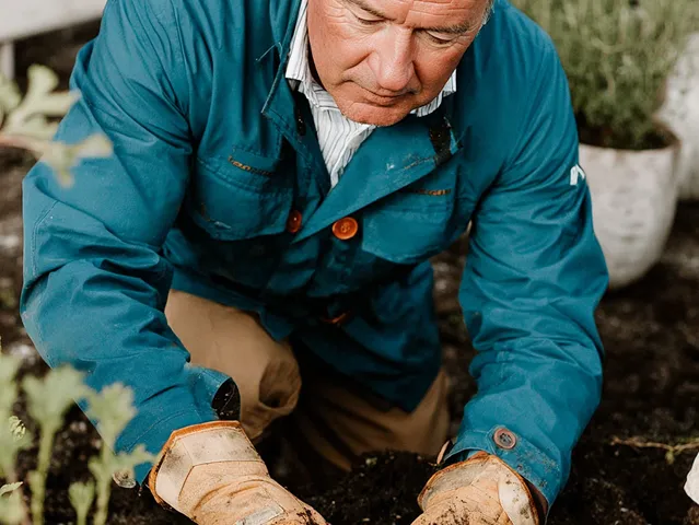 Man in blue jacket and gloves tending to soil in a garden or outdoor plant area.