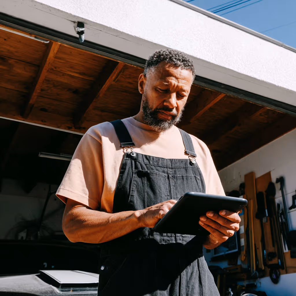 Man in overalls using a digital tablet, standing outside a garage or workshop with tools on the wall.