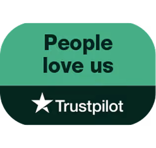 Trustpilot logo with text 'People love us' above a white star and the word Trustpilot on a green background.