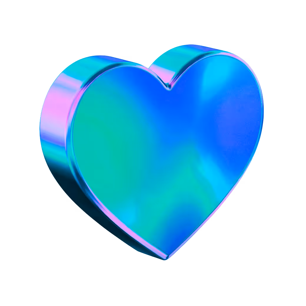 3D heart shape with reflective blue and green gradient on a black background.