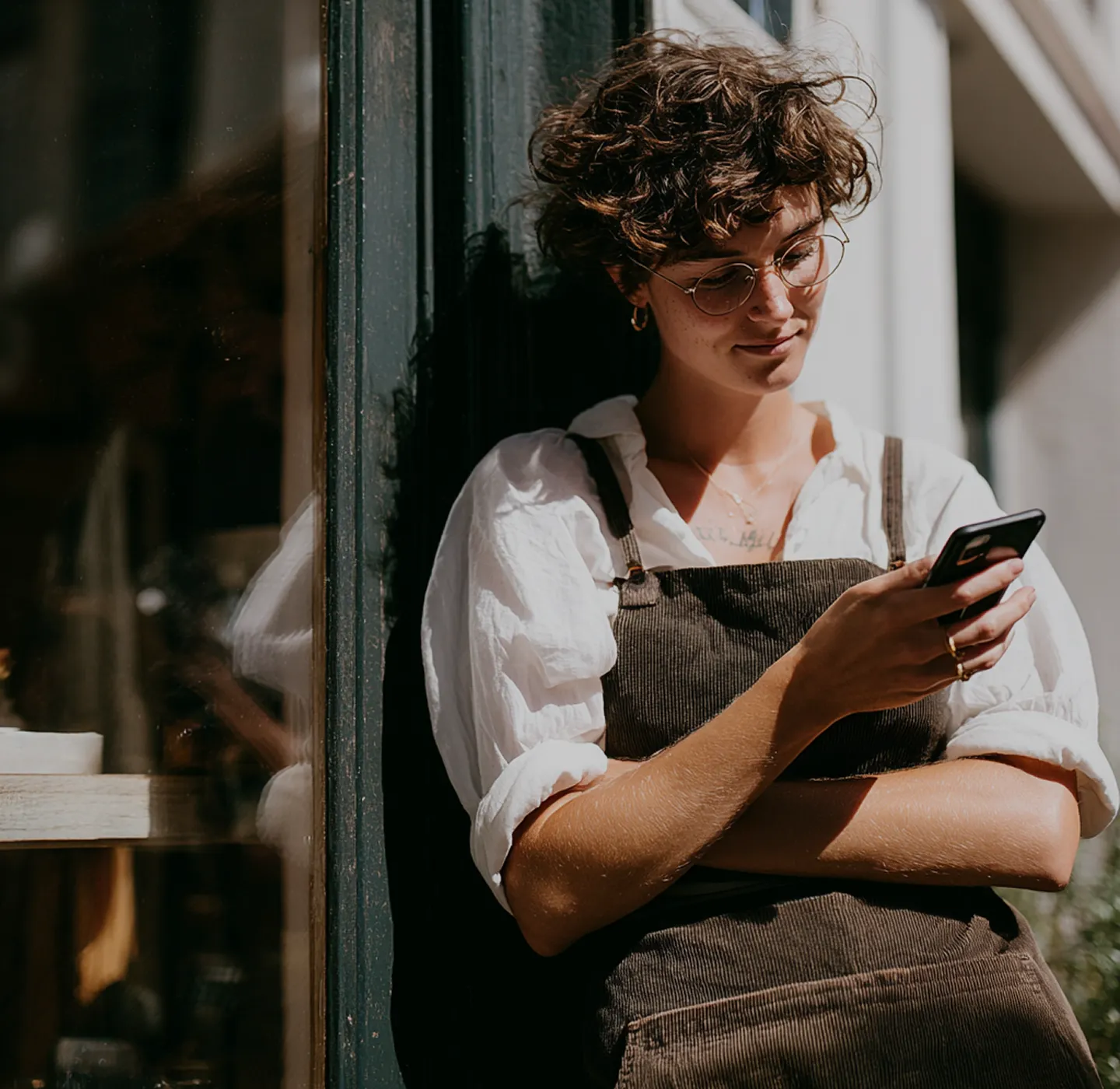 Young person with glasses in white shirt and overalls leaning on window, looking at their smartphone.