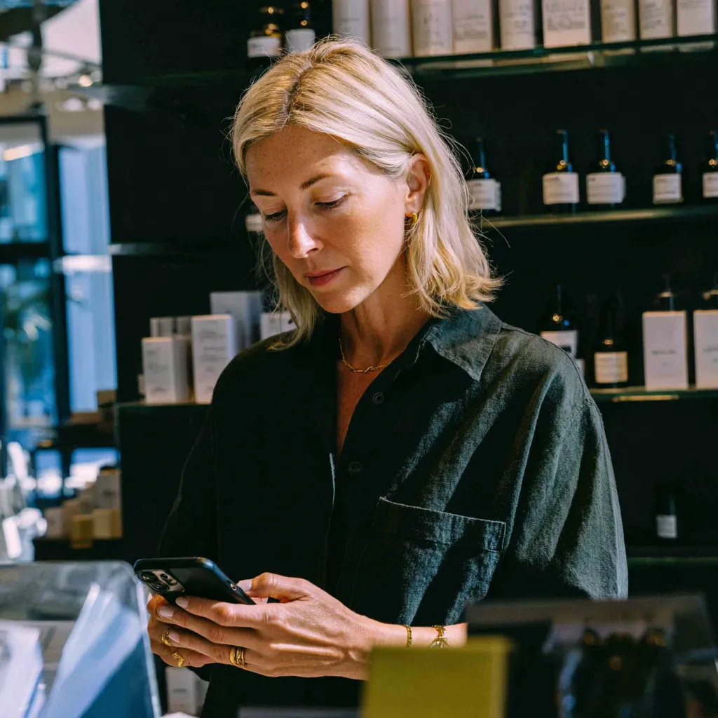Blonde woman wearing black shirt checks her smartphone in a store with shelves of products behind her.